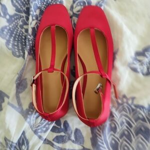 Red Satin Mary Jane Flats with Ankle Strap - Women